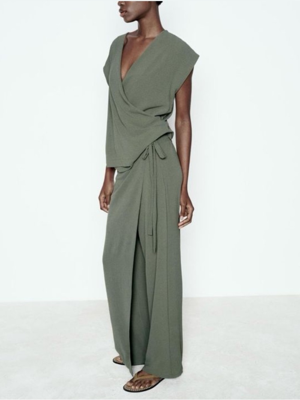 Zara Olive Draped Wrap Wide-Leg Pants and Top Set